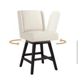 26” Swivel Counter Height Bar Stool White Faux Leather Upholstered Solid Wood Legs
