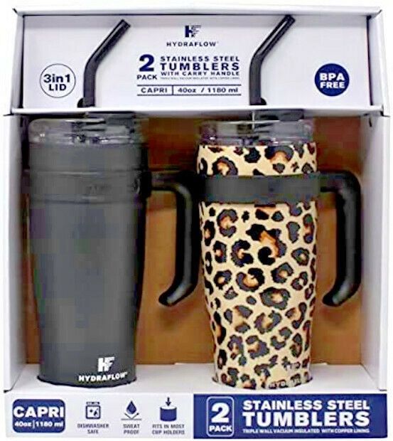 Hydraflow 40-Ounce Double Wall Stainless Steel Tumbler with Handle, 2 Pack  (Assorted Colors)