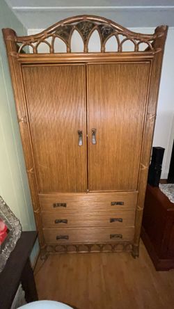 Vintage Bamboo/Wicker Armoire Closet with Drawers – Excellent Storage