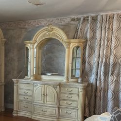 light wood marble top dresser with glass hutch