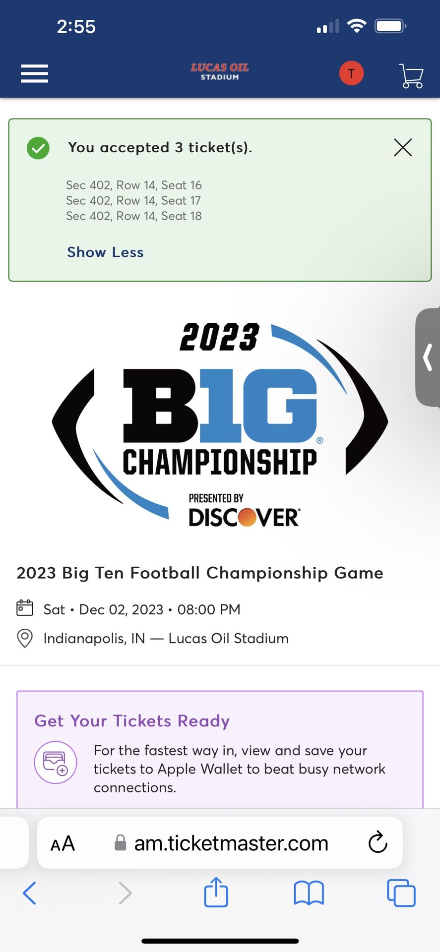 3 big Ten Championship Tickets In Indy