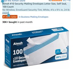 Aimoh #10 Security Mailing Envelopes Letter Size, Self Seal, 100 Count No Window, EnveGuard Security Tint, White, 4⅛ x 9½ in, 24 lb paper