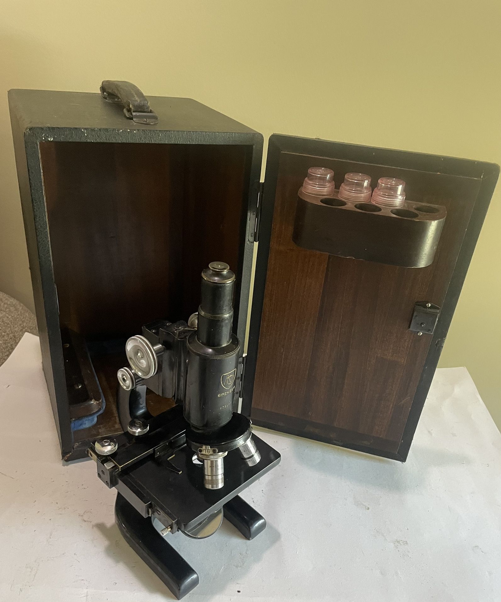 Vintage AO Spencer Microscope 278109 Wood Case Adjustable Mirror Illuminator