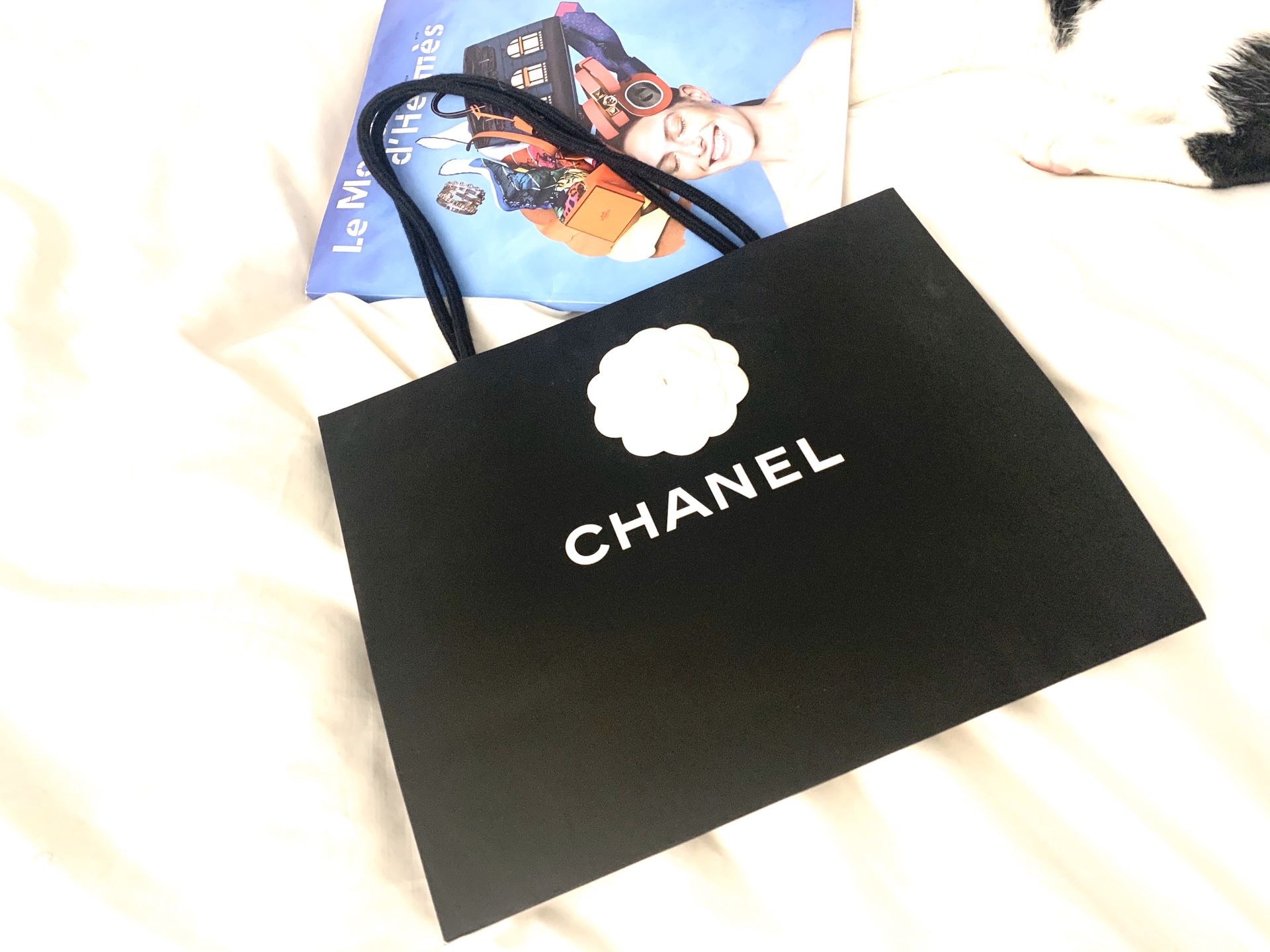 Authentic Chanel medium shopping bag, a paper box and a velvet cloth bag