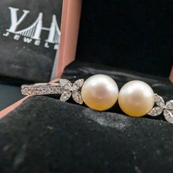 Natural Pearl + Moissanite Flower Marquise Cut Silver Dangle Earrings