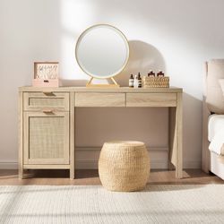 55" Rattan Desk with 3 Drawers - Wood Office Computer Desk with Storage Modern Boho Home Office Desks with Side Cabinet - Large Executive Desk Study T