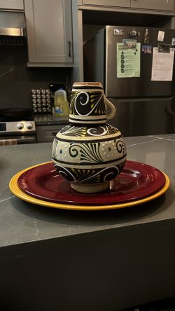 Vintage Hand-Painted Pitcher & Colorful Plate Set