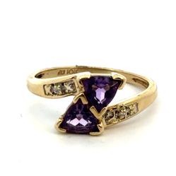 Woman’s Ladies 10k Yellow Gold Two Trillion Cut Purple Stones With Diamond Accents Bypass Ring Size 7 GP3125979