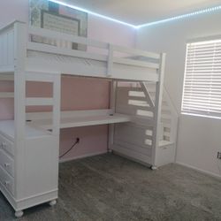 White Wooden Twin Trundle Loft Bunk Bed With Desk And Drawers 