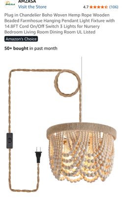 Amzasa Boho Hemp Woven Rope and Wood Beaded Plug In Chandelier
