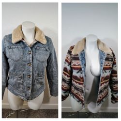 Idyllwind Womens L Reversible Denim Jacket Southwestern  Aztec Faux Fur Collar