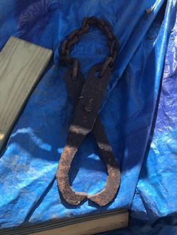 Antique Primitive Wrought Iron Wood Ice Grab Tongs With Chain