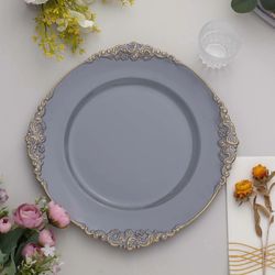Acrylic Charger Plates 13" Round Charcoal Gray with Gold Embossed Baroque Rim - Antique Decorative Dinner Tableware