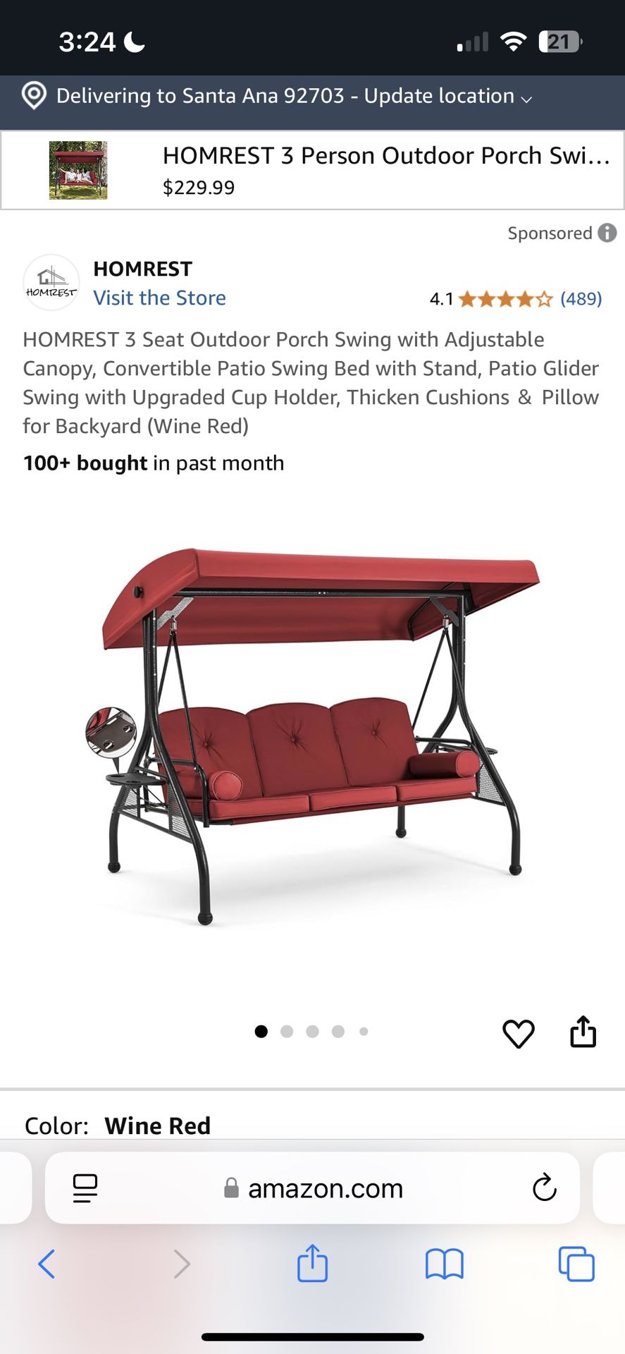 3 Seat Outdoor Porch Swing with Adjustable Canopy, Convertible Patio Swing Bed with Stand, Patio Glider Swing with Upgraded Cup Holder, Thicken Cushio