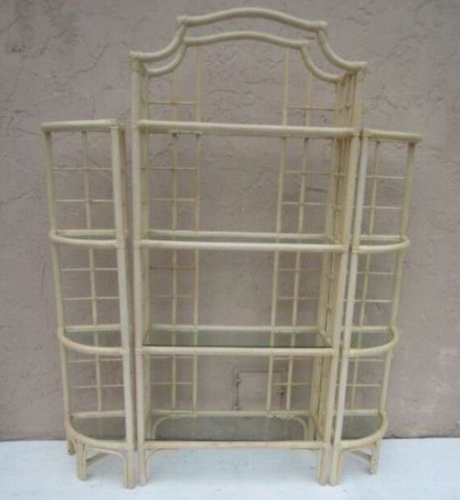 Shelving unit glass 1980s Coastal Style Natural Wicker Rattan Pagoda Etagere