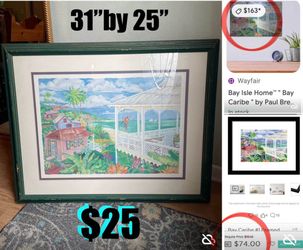 $20 Wall Decor Bay Caribe isle Home 31”by 25” with Glass and green Wooden frame