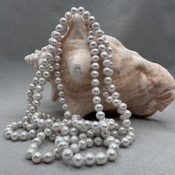 Freshwater Pearl Rope Necklace, 7-8mm White Pearls, 68 Inch Strand, Gatsby Style