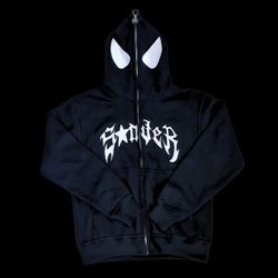 SONDERSTRUCK Men's and Women's Spider Hoodie Full Zip Up/high street retro loose hip hop punk black spider print hoodie 
