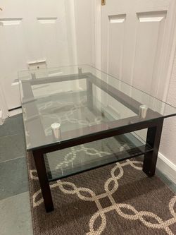 Glass Top Coffee Table with Wood Frame and Lower Shelf