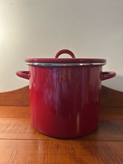 Rachel Ray 12 Quart Capacity Enamel Red Large Cooking Pot - used, some scratches & wear 14.5” long with handles, 11” diameter x 10.75” tall