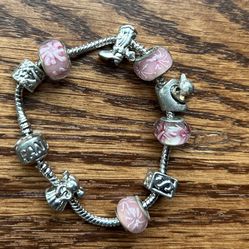 Pandora, Silver Bracelet In Pink With Angel, Little Girl, Flowers, And More Charms