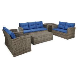 6-Piece Wicker Outdoor Patio Conversation Set with Blue Cushions Includes: 2-club chairs, 1-loveseat, one 3-seat sofa, 2-coffee tables Chat set mater