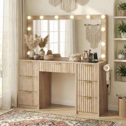 Large 42" Mirror & Ajustable LED Lights, Large 7 Drawers Vanity Table w/Glass Top&Charging Station, Makeup Dressing Table for Women&Girls, Bedroom or 