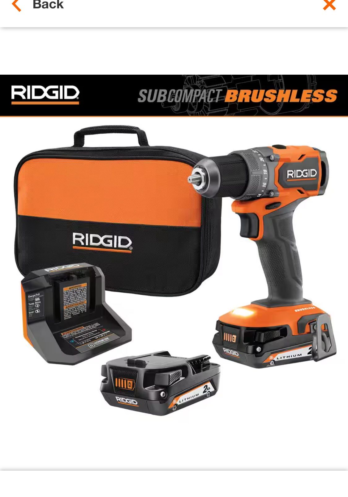 RIDGID 18V SubCompact Brushless Cordless 1/2 in. Drill/Driver Kit with (2) 2.0 Ah Batteries, Charger, and Tool Bag