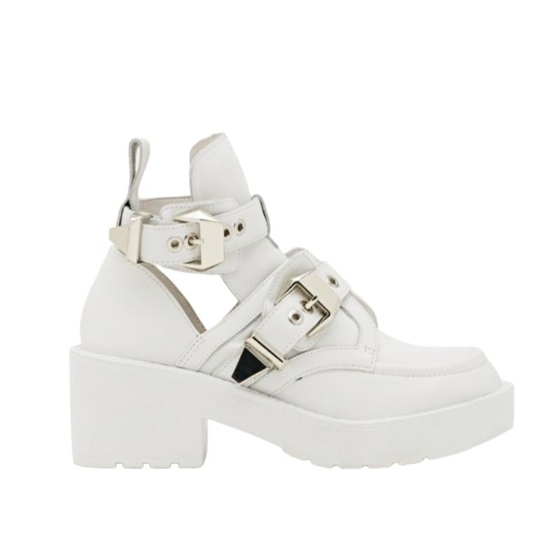 Jeffrey Campbell Women's Boots Coltrane White Leather Buckle Cut Out Lug Chunky Platform Moto