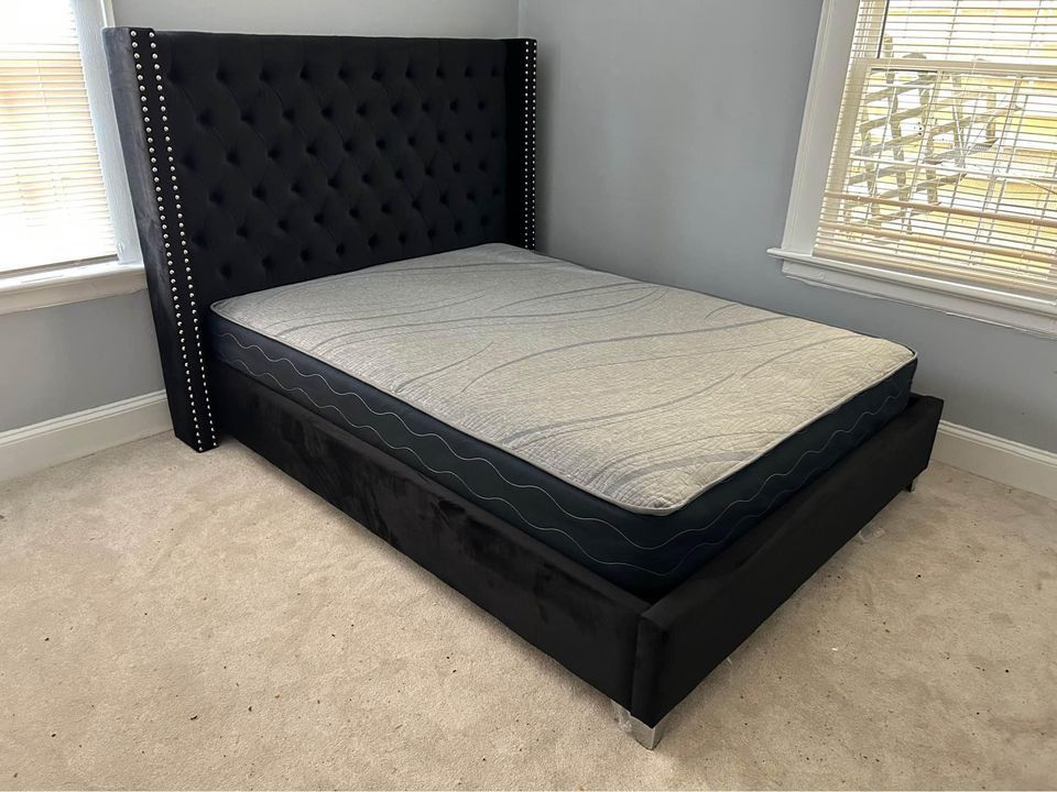 King & Queen Size Black Upholstered Bed Frame, Mattress