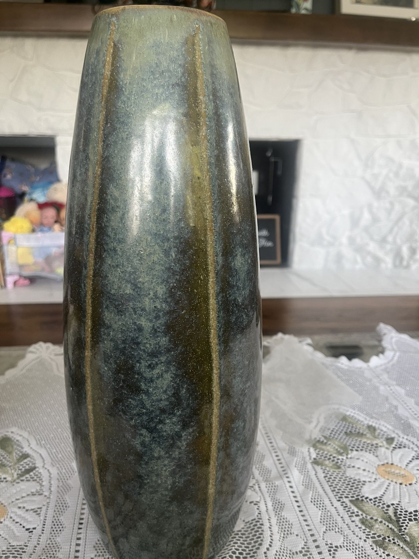 Mid Century modern turquoise & beige Cylinder Vase