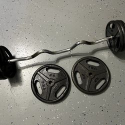 STANDARD EASY CURL BAR & 100 LBS   OF STANDARD PLATES (PAIR OF) :  25s  &  5s  &  (4) 10s