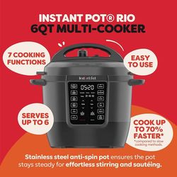 New Instant Pot 6QT RIO 7-in-1 Multi-Cooker, Pressure Cooker, Slow cook, Sauté, Steam, Rice Maker, Yogurt, & Warmer, Black, 6 Quarts