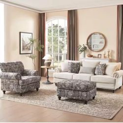 3 Piece Living Room Set, Upholstered Sofa Couch, Loveseat And Floral Accent Chair With Footstool 
