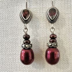 Vintage  Red Cultured Pearl  Garnet  Dangling Sterling Silver Earrings