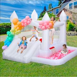 White Inflatable Bounce House with Slide and Ball Pit