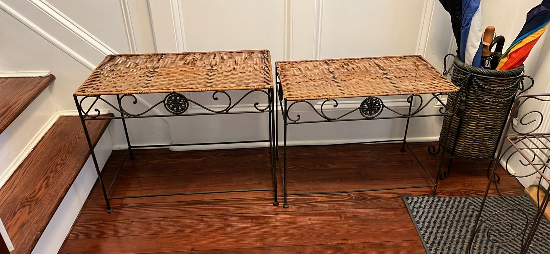 Vintage Wrought Iron & Rattan End Tables