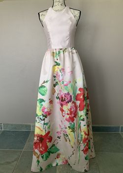 Alfred Sung Watercolor Floral Print Sleeveless Sateen A-Line Gown Bridesmaid/prom/formal Dress