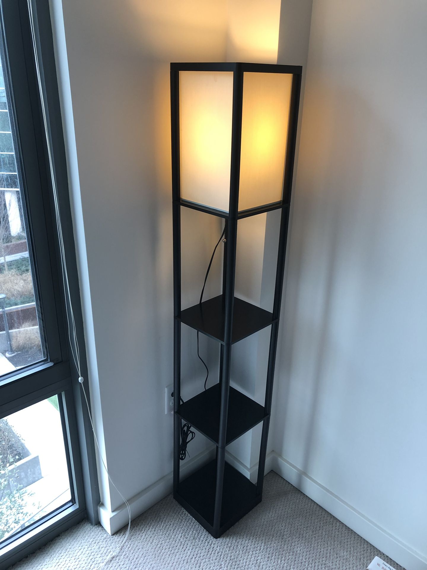 Lamp - Black shelf floor lamp with off white shade