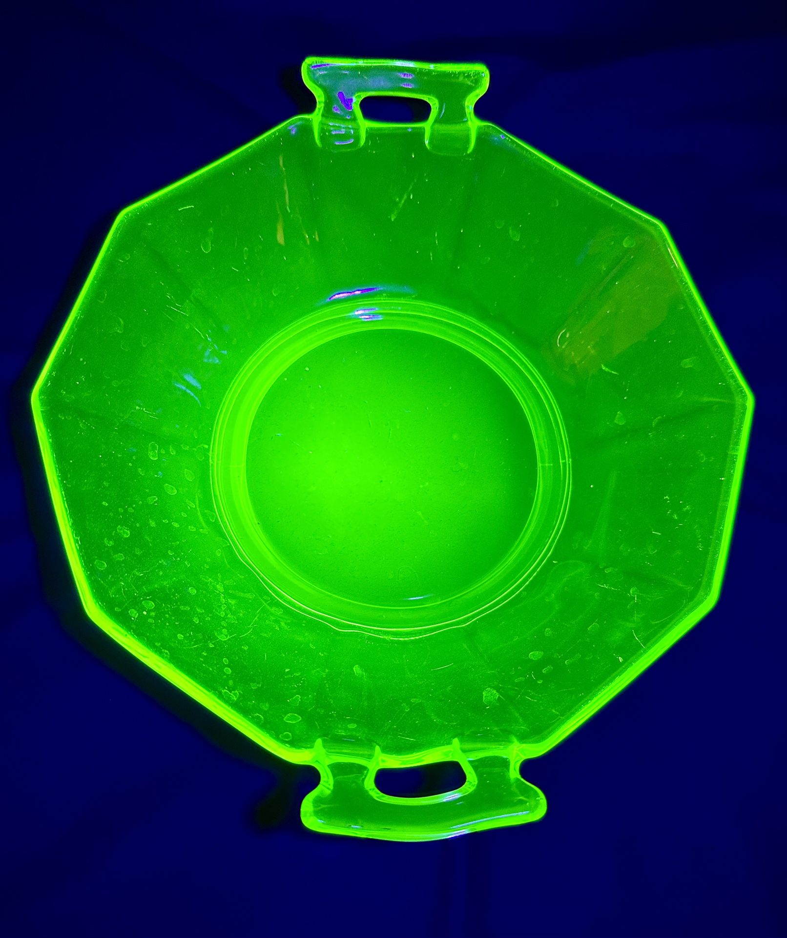 Vintage Green Uranium Depression Glass Serving Bowl 10 Sided Handles