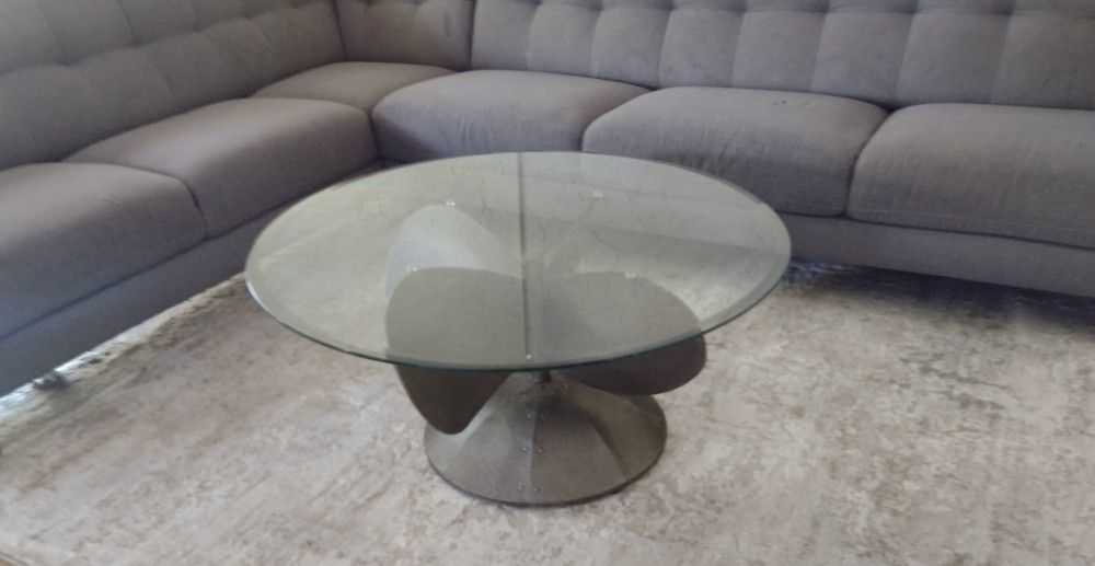 Industrial Style Propeller Base Coffee Table With Glass Top 75$