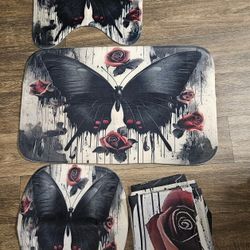Black Butterfly & Roses Shower Curtain Set with Rugs Toilet Seat Cover Curtain Rings 