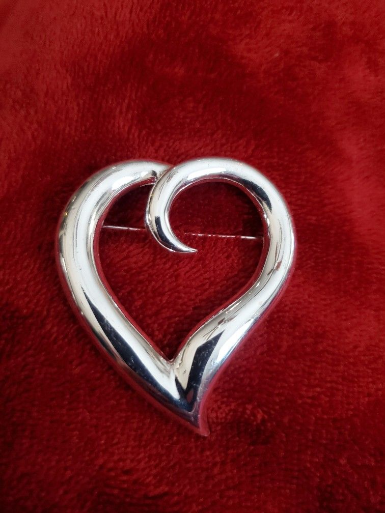 Signed Silvertone Open Heart Brooch
