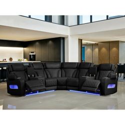 17"W Black Leather Aire Transformer Power Reclining Sectional Sofa with Power Headrest, 