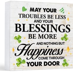 🌈 St. Patrick's Day Wood Sign – “May Your Troubles Be Less…” Rustic Farmhouse Decor 5"x5" 🍀