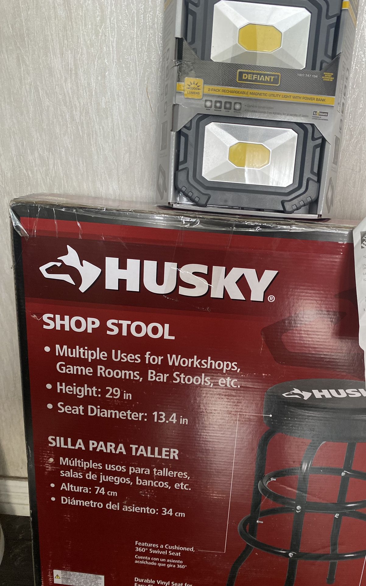 Husky Shop Stool And Two L.E.D. Rechargeable Work Lights with Magnets