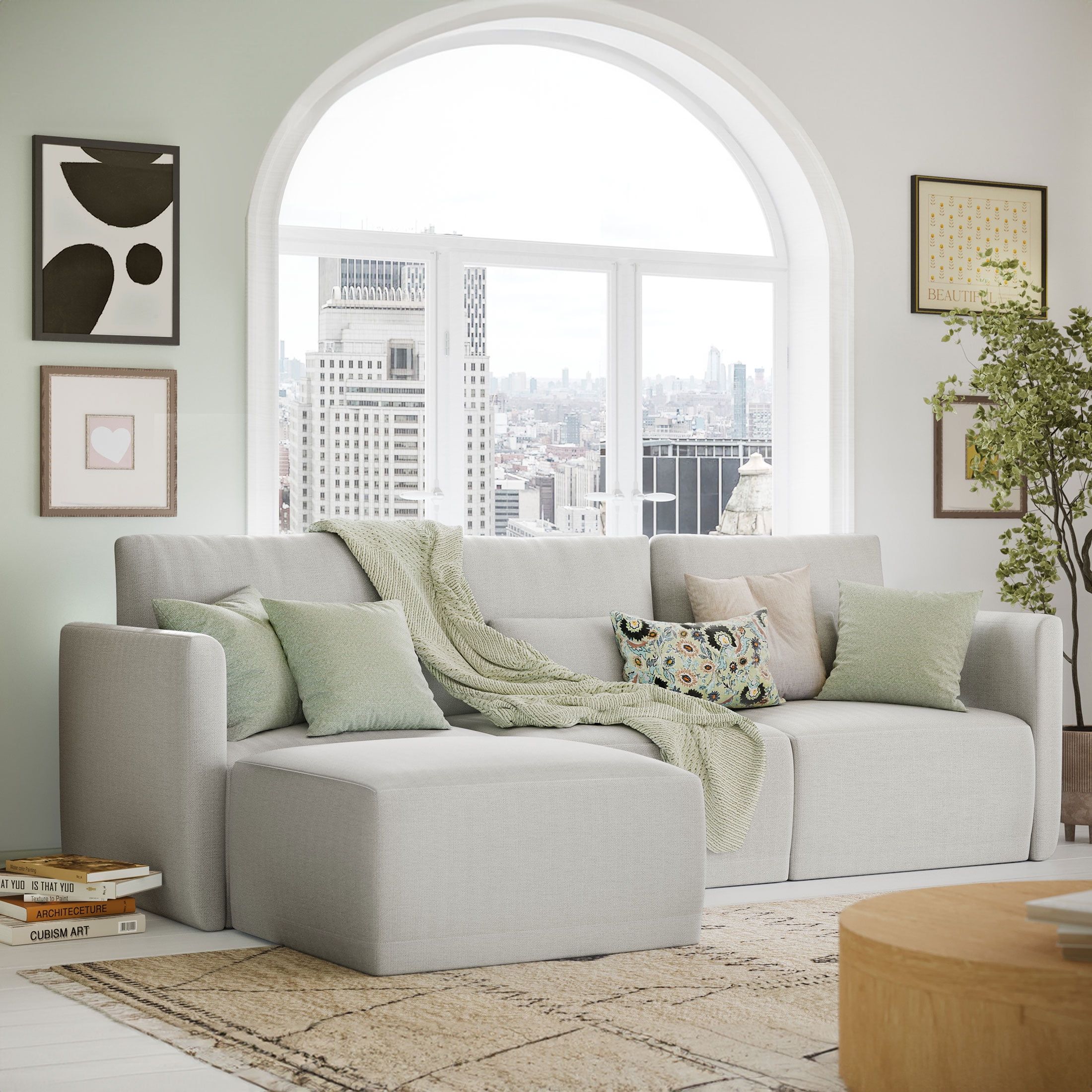 Beautiful Drew Modular Sectional Sofa with Ottoman by Drew Barrymore, Gray Fabric,All Products : American Fashion Style Bags On Sale