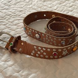 Vintage Brown Camel Belt Studded With Stones - 40 In Long