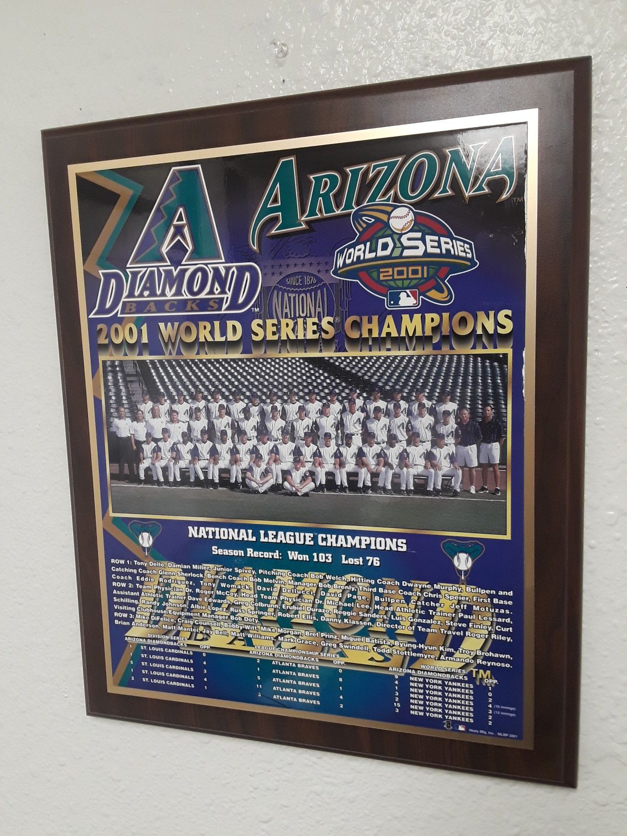 2001 Arizona Diamondbacks World Series Championship Plaque Rare