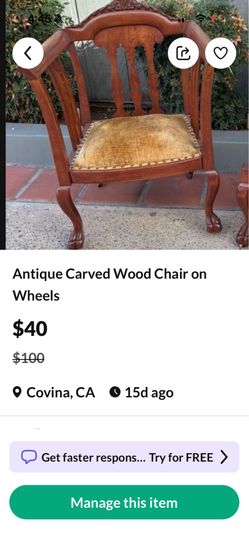 Antique carved wood upholstered armchair on wheels